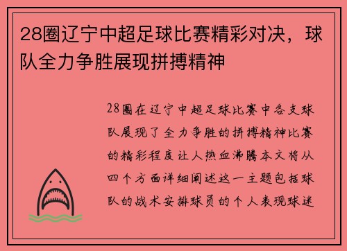 28圈辽宁中超足球比赛精彩对决，球队全力争胜展现拼搏精神