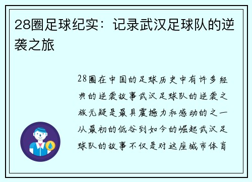 28圈足球纪实：记录武汉足球队的逆袭之旅