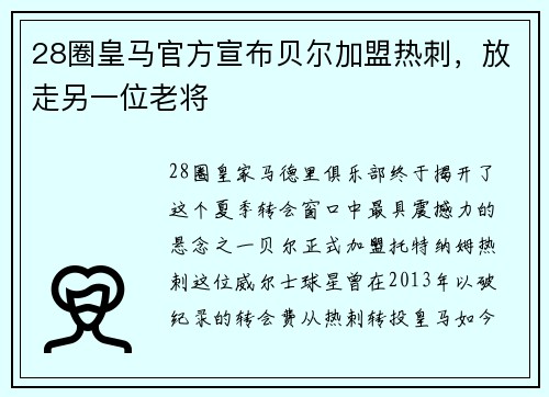 28圈皇马官方宣布贝尔加盟热刺，放走另一位老将