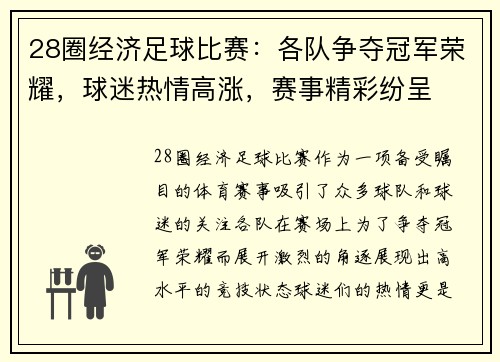 28圈经济足球比赛：各队争夺冠军荣耀，球迷热情高涨，赛事精彩纷呈