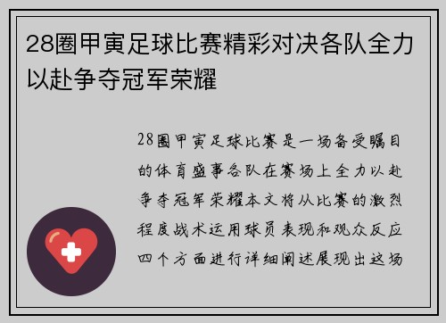 28圈甲寅足球比赛精彩对决各队全力以赴争夺冠军荣耀