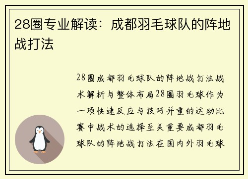 28圈专业解读：成都羽毛球队的阵地战打法