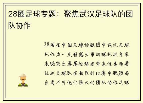 28圈足球专题：聚焦武汉足球队的团队协作