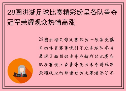 28圈洪湖足球比赛精彩纷呈各队争夺冠军荣耀观众热情高涨