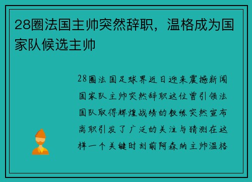 28圈法国主帅突然辞职，温格成为国家队候选主帅